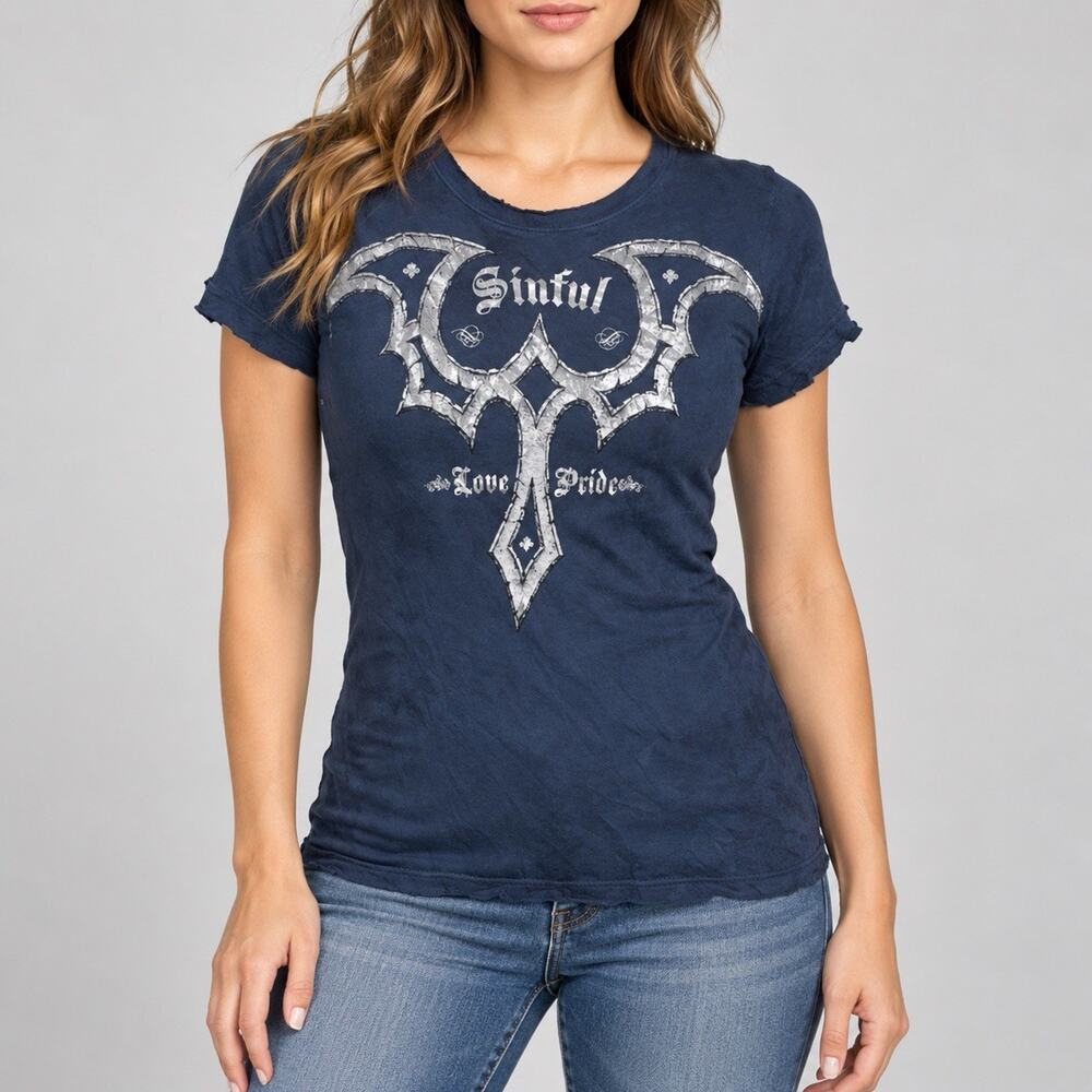 Sinful by Affliction Medium Blue Love Pride Graphic Tee Y2K Goth Double Sided